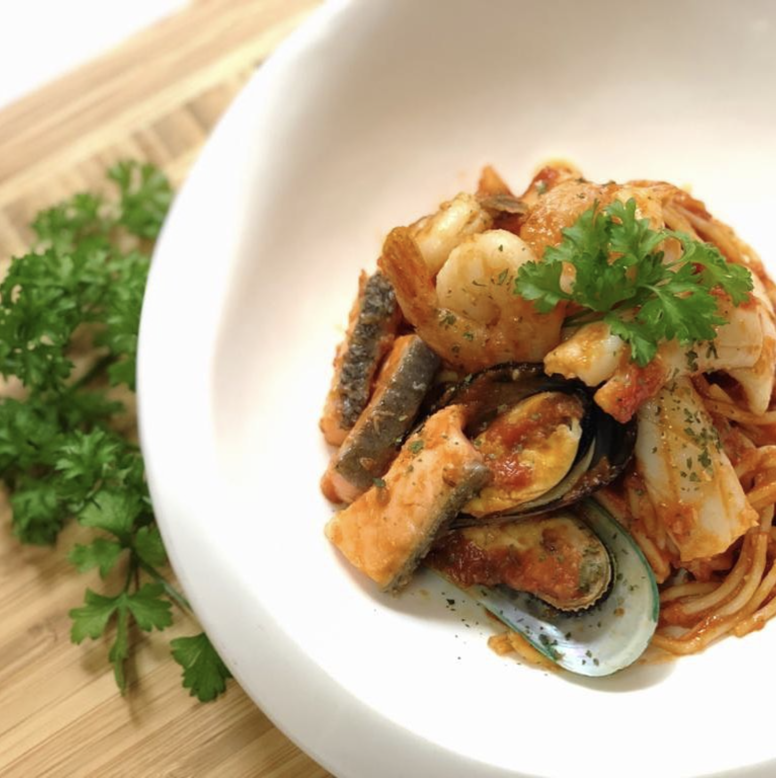 Seafood marinara with prawns and mussels