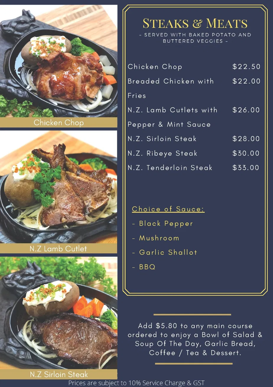 Mariners' Corner steaks and meats menu